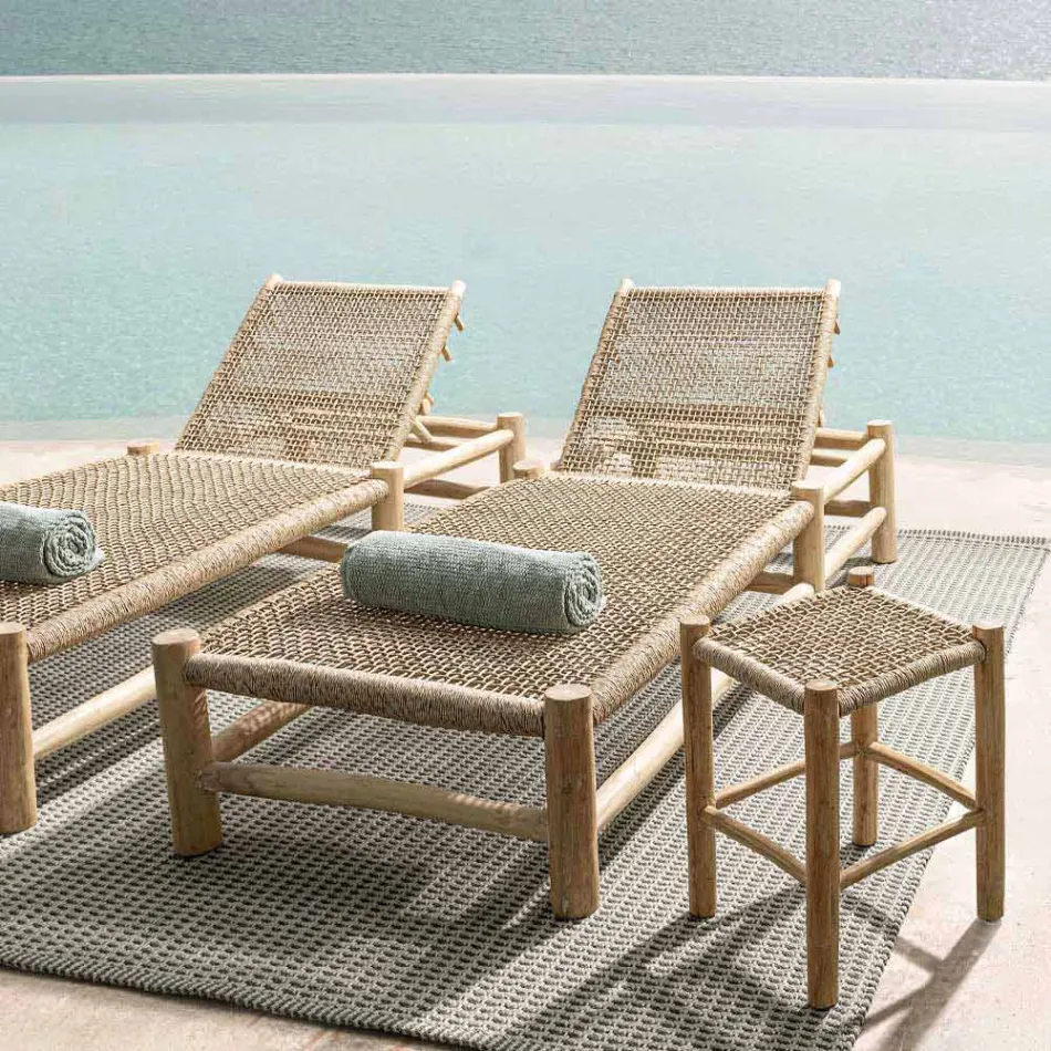 Șezlong în aer liber în ramuri de tec și țesut cu fibre sintetice - Tecno Viadurini