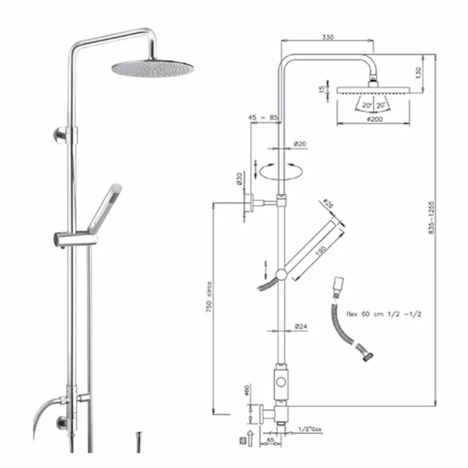 Coloana de duș cu secțiune rotundă din alamă cu duș de mână Made in Italy - Amadeo Viadurini