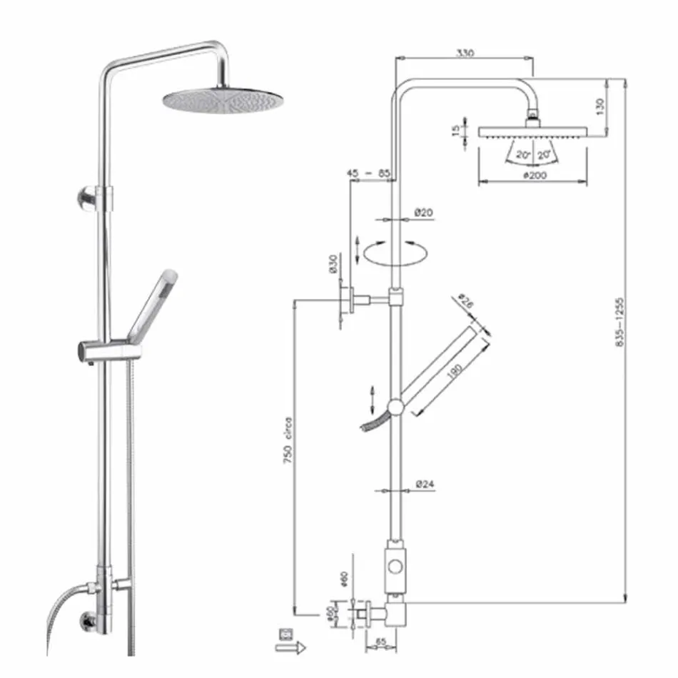 Coloana de duș cu secțiune rotundă din alamă cu duș de mână Made in Italy - Amadeo Viadurini