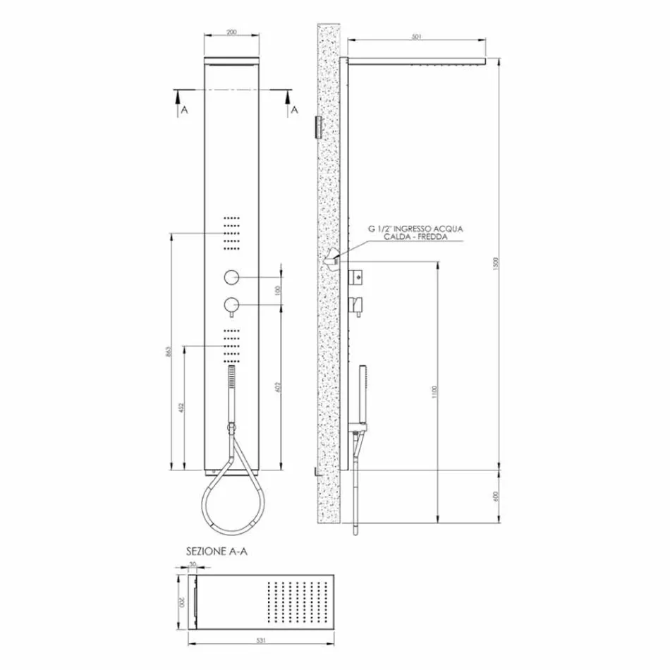 Coloana de duș din oțel cu cap de duș cu efect de ploaie Made in Italy - Sailor Viadurini