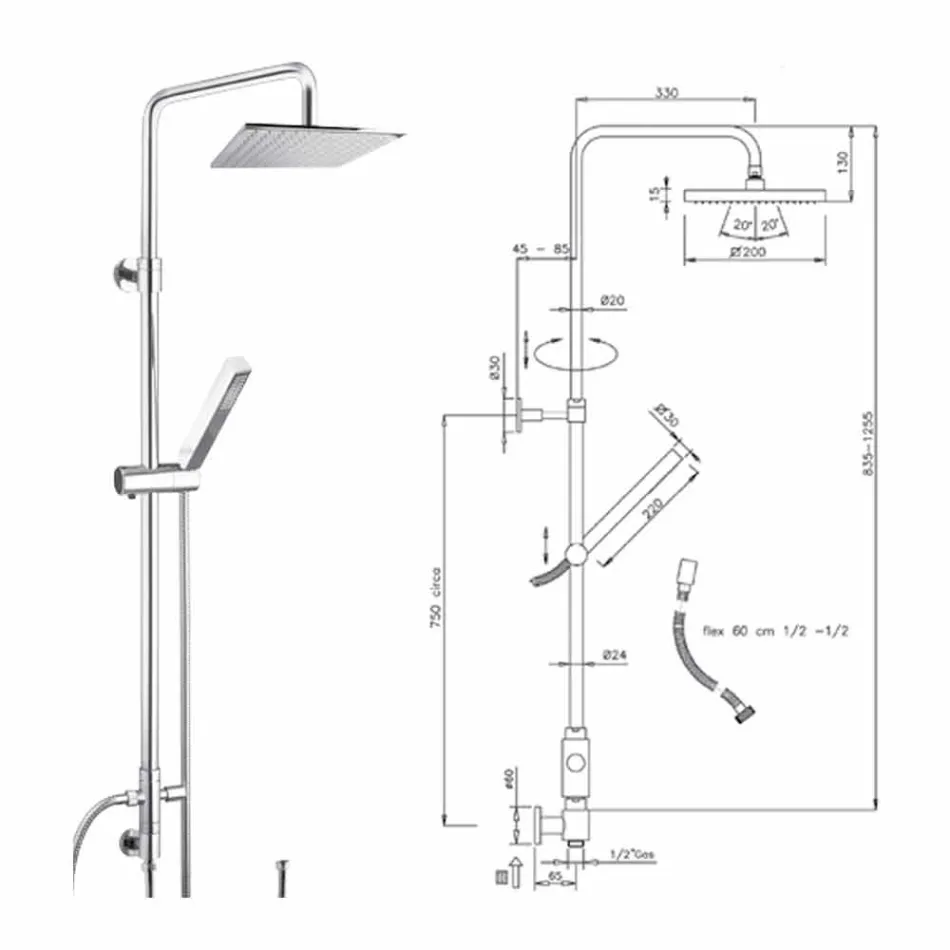 Coloana de duș din alamă cu cap de duș și duș de mână în Abs Made in Italy - Lesio Viadurini