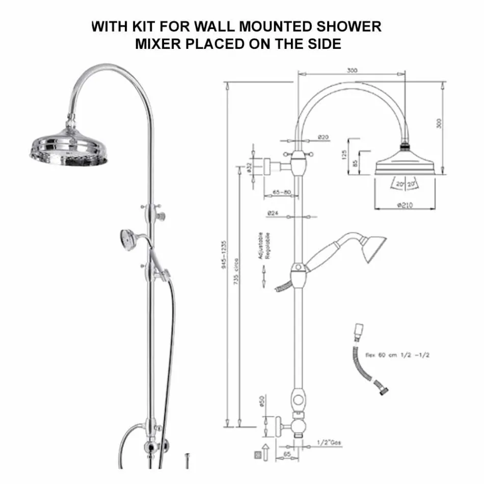 Coloana de duș din alamă cu duș rotund și duș de mână Made in Italy - Brillo Viadurini