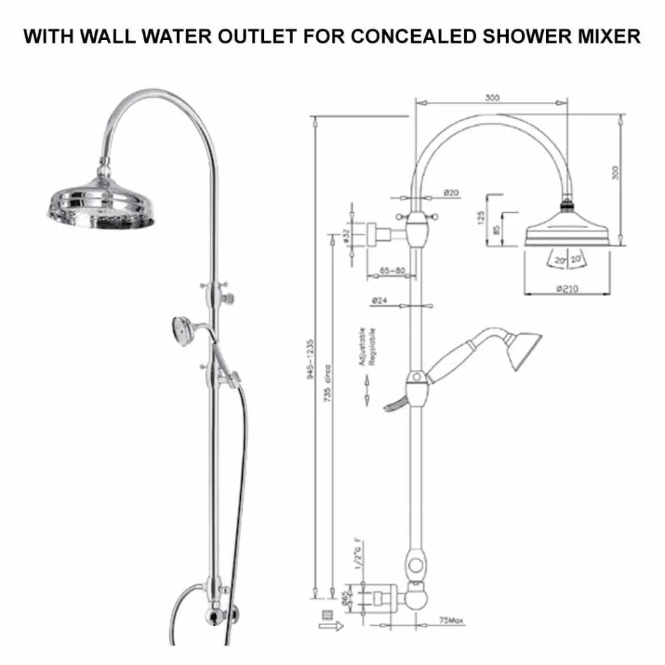 Coloana de duș din alamă cu duș rotund și duș de mână Made in Italy - Brillo Viadurini