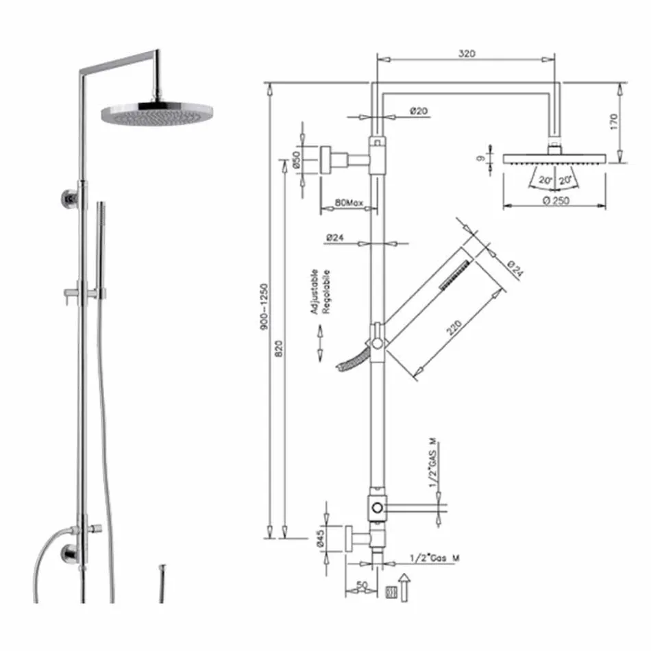 Coloana de duș din alamă cromată cu duș de mână abs fabricat în Italia - Selvio Viadurini