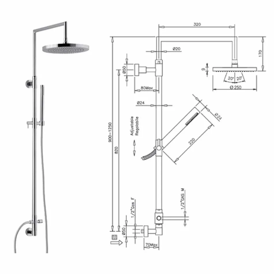 Coloana de duș din alamă cromată cu duș de mână abs fabricat în Italia - Selvio Viadurini