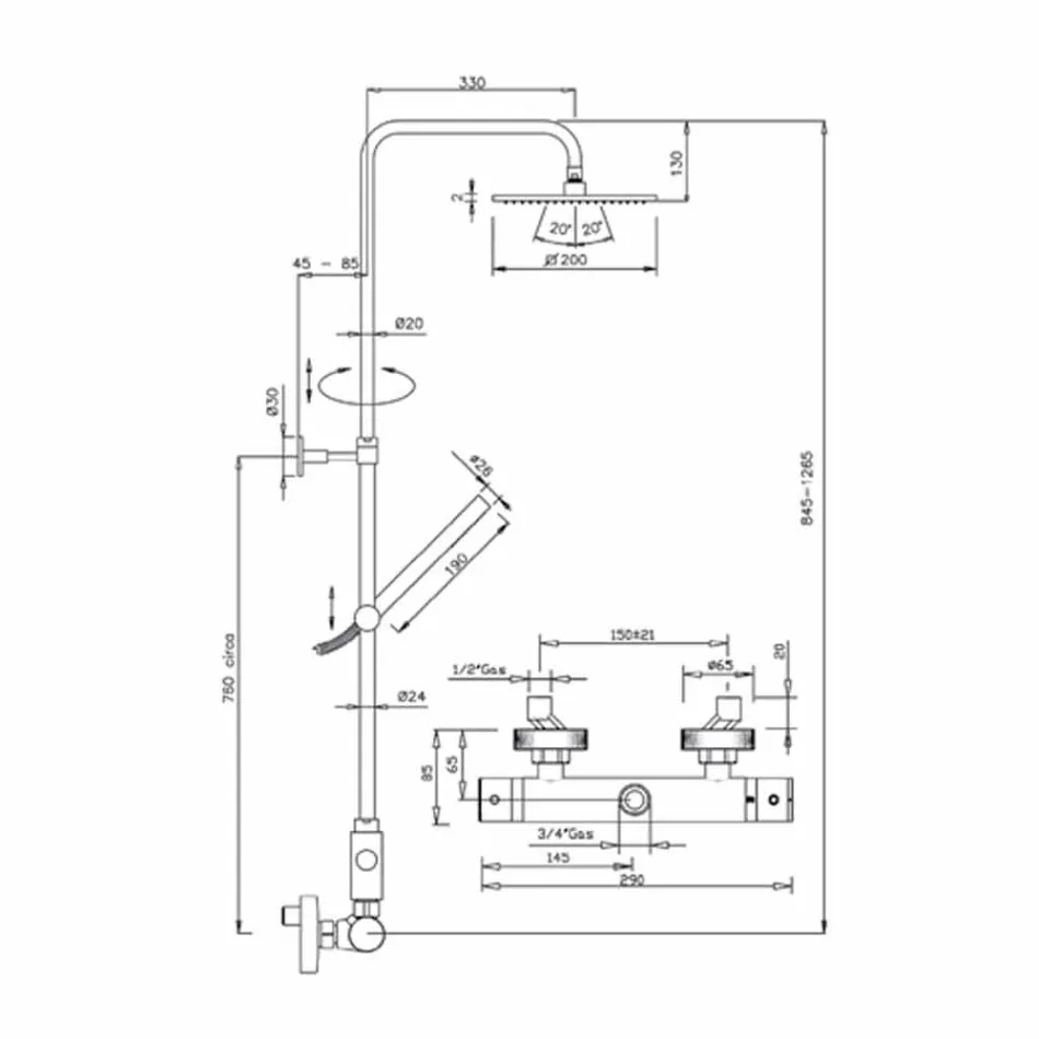Coloana de duș din alamă cromată cu cap de duș pătrat Made in Italy - Studio Viadurini