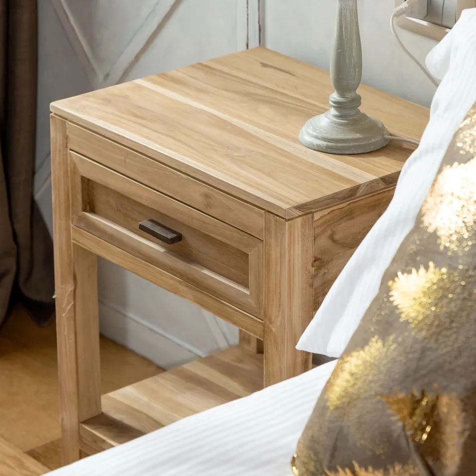 Noptieră din lemn masiv de tec cu 1 sertar - Penca Viadurini
