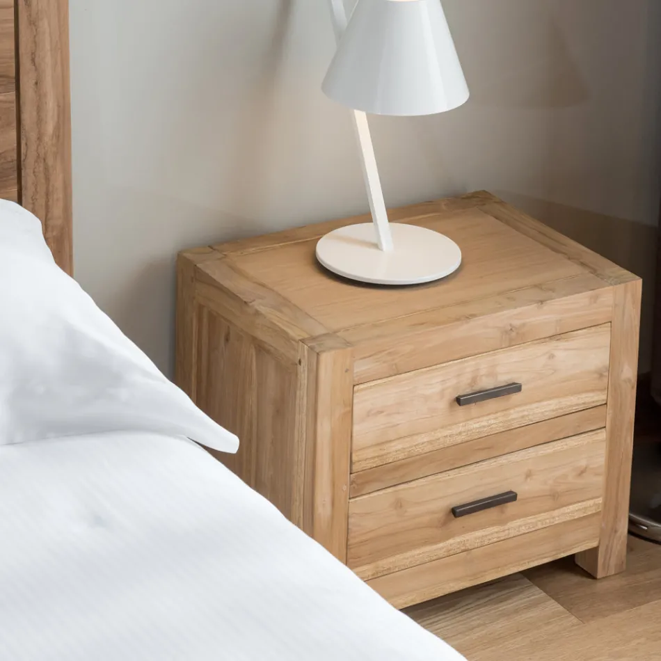 Noptieră din lemn masiv de tec cu 2 sertare - Vovinam Viadurini