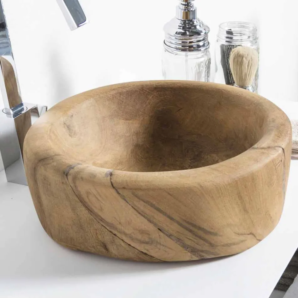 Compoziție 3 Mobilier de baie din lemn de tec și Hi Macs® - Talc Viadurini