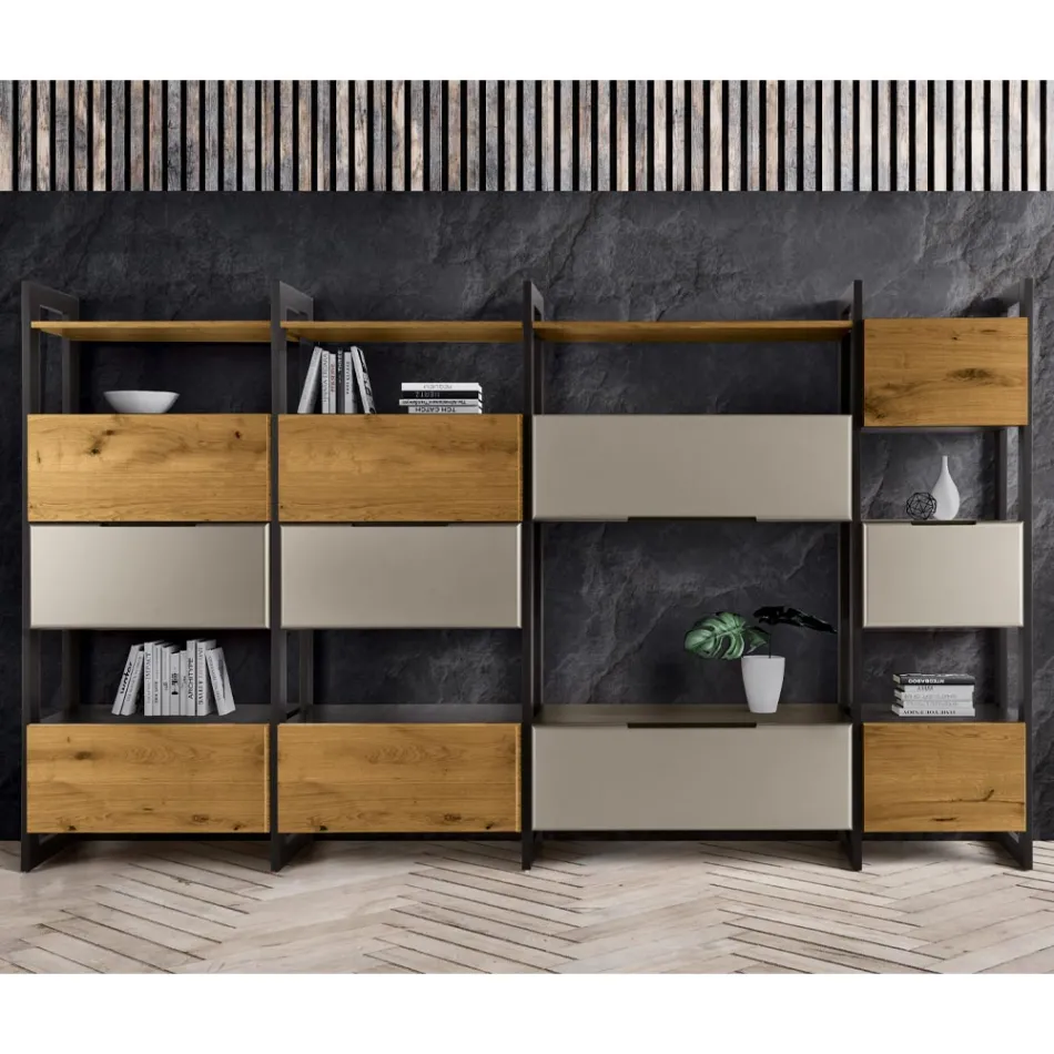 Compoziție de perete din Mdf și panou placat cu stejar Made in Italy - Marit Viadurini