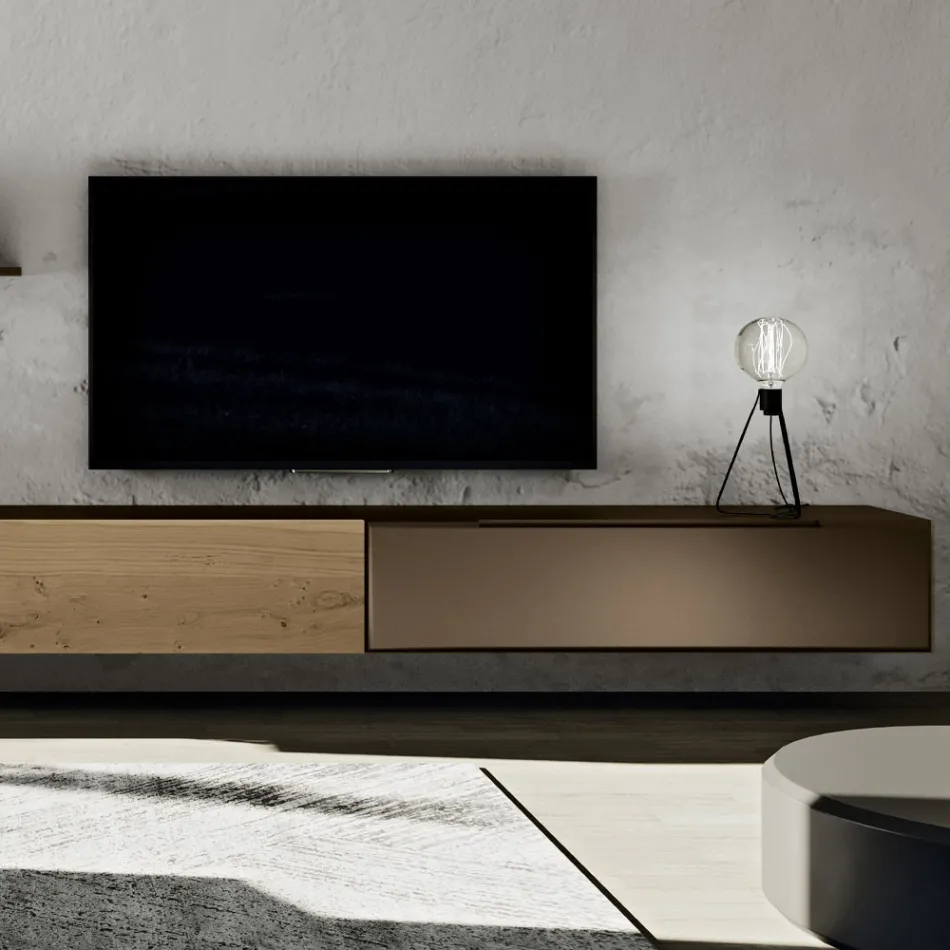 Compoziție modernă de perete din stejar cu noduri nordice și finisaj fier - Iselin Viadurini