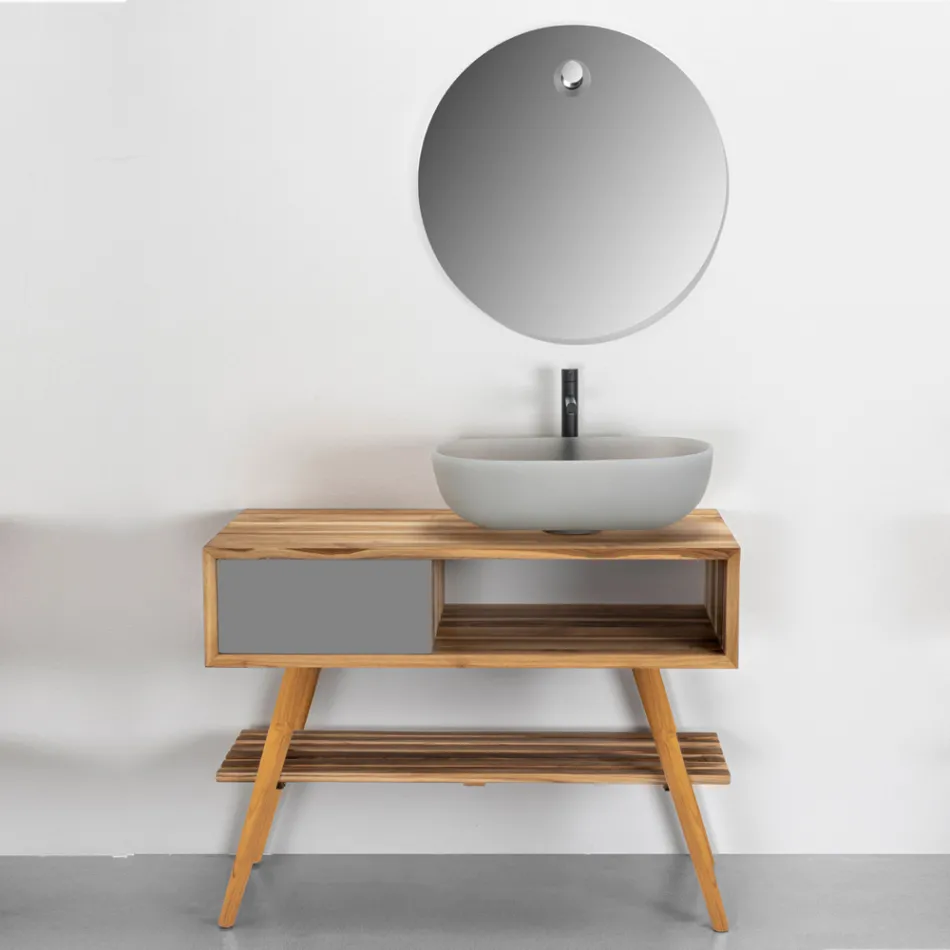 Compozitie Mobila Baie Gri cu Oglinda si Dulap de Sol - Sylviane Viadurini