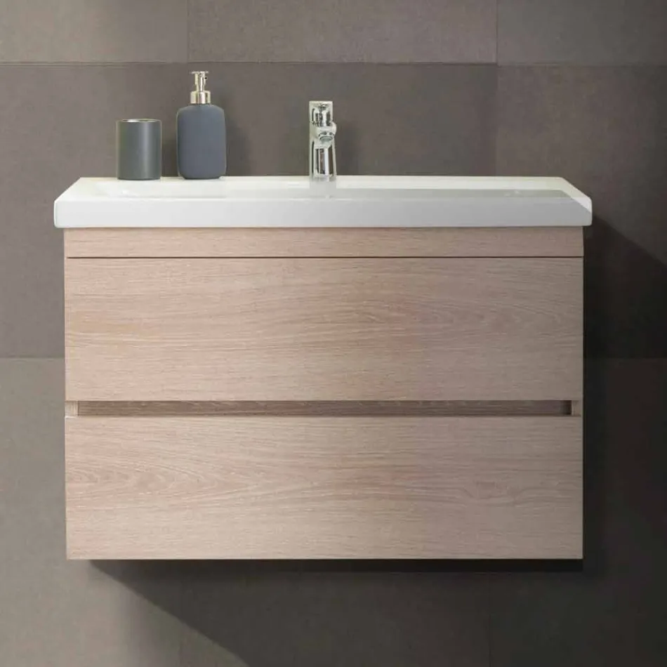 Compoziție suspendată de mobilier pentru baie în melamină de stejar - Becky Viadurini