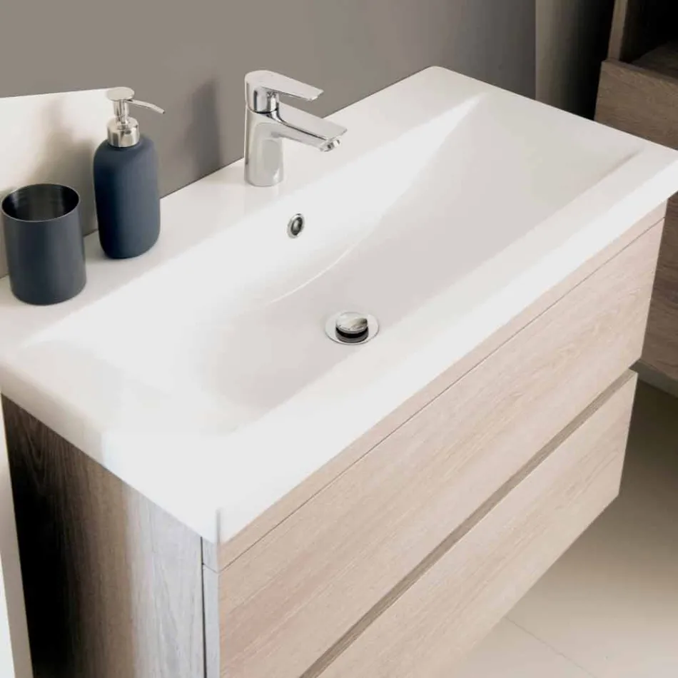 Compoziție suspendată de mobilier pentru baie în melamină de stejar - Becky Viadurini