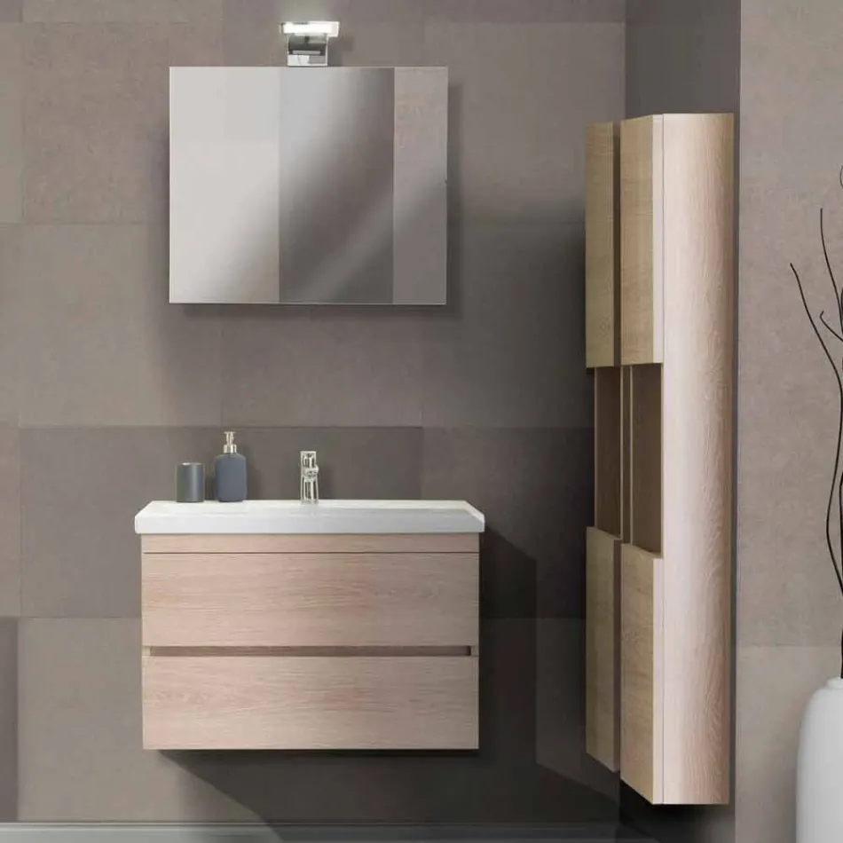 Compoziție suspendată de mobilier pentru baie în melamină de stejar - Becky Viadurini