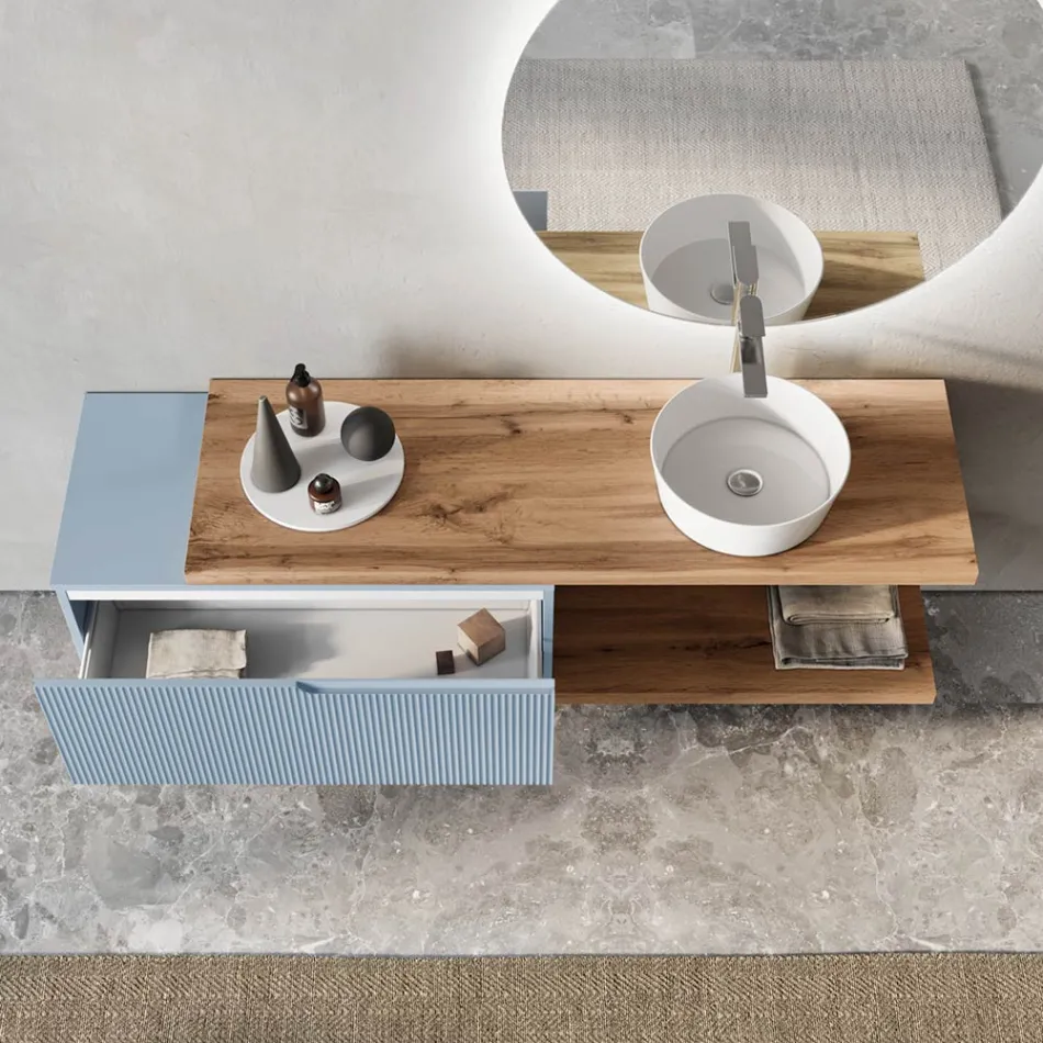 Compoziție de baie Tiffany Albastru și Stejar cu Oglindă Made in Italy - Ermes Viadurini