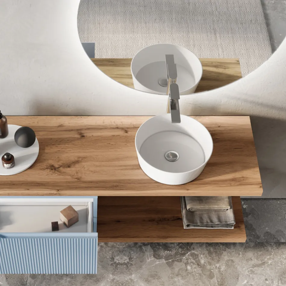 Compoziție de baie Tiffany Albastru și Stejar cu Oglindă Made in Italy - Ermes Viadurini