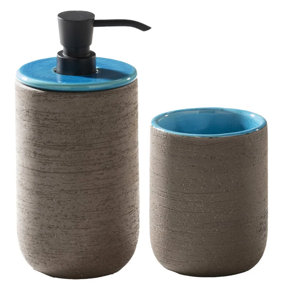 Compoziție de baie albastră cu dulap de podea din lemn de tec și accesorii - Sylviane Viadurini