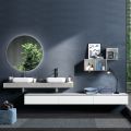 Compoziție de baie de culoare beton și alb mat cu lavoar, oglindă și bază - Palom