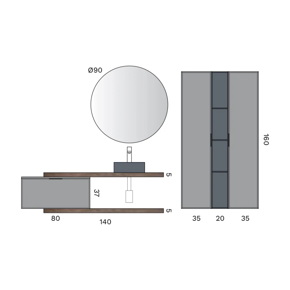 Compoziție de baie cu 1 bază cu 1 sertar, chiuvetă și 2 coloane - Orione Viadurini