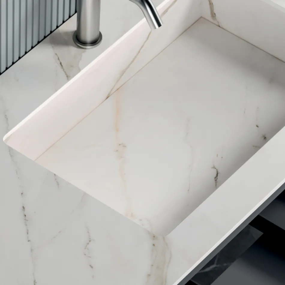 Compoziție de baie cu 1 bază cu 1 sertar și compartiment deschis și oglindă - Titan Viadurini