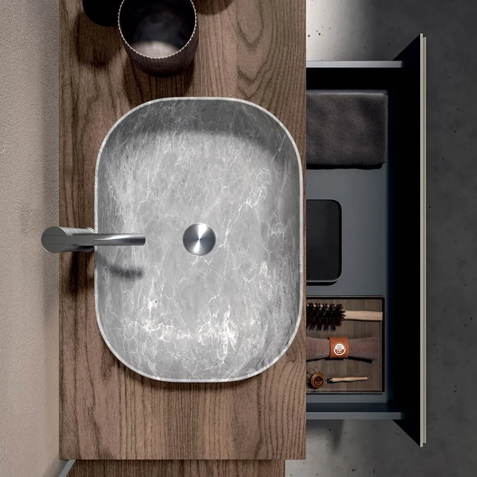 Compoziție de baie cu 1 sertar, 2 rafturi din stejar, chiuvetă și oglindă - Titan Viadurini