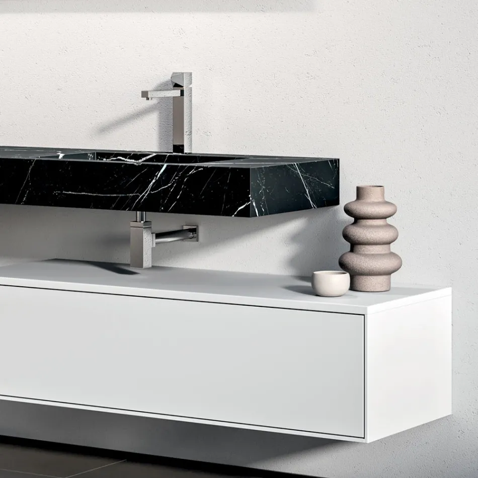 Compoziție de baie cu 1 sertar alb, oglindă și raft HPL Marquina - Velaria Viadurini