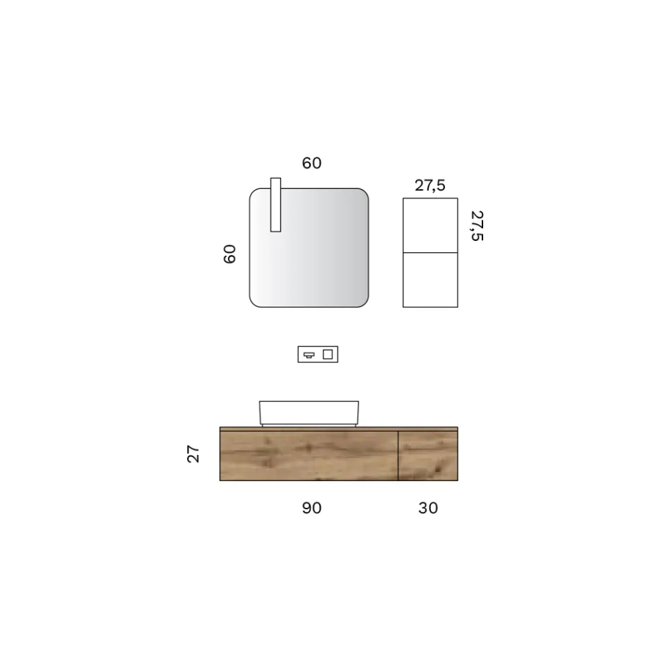 Compoziție de baie cu 2 sertare din stejar, chiuvetă ceramică și oglindă - Titan Viadurini