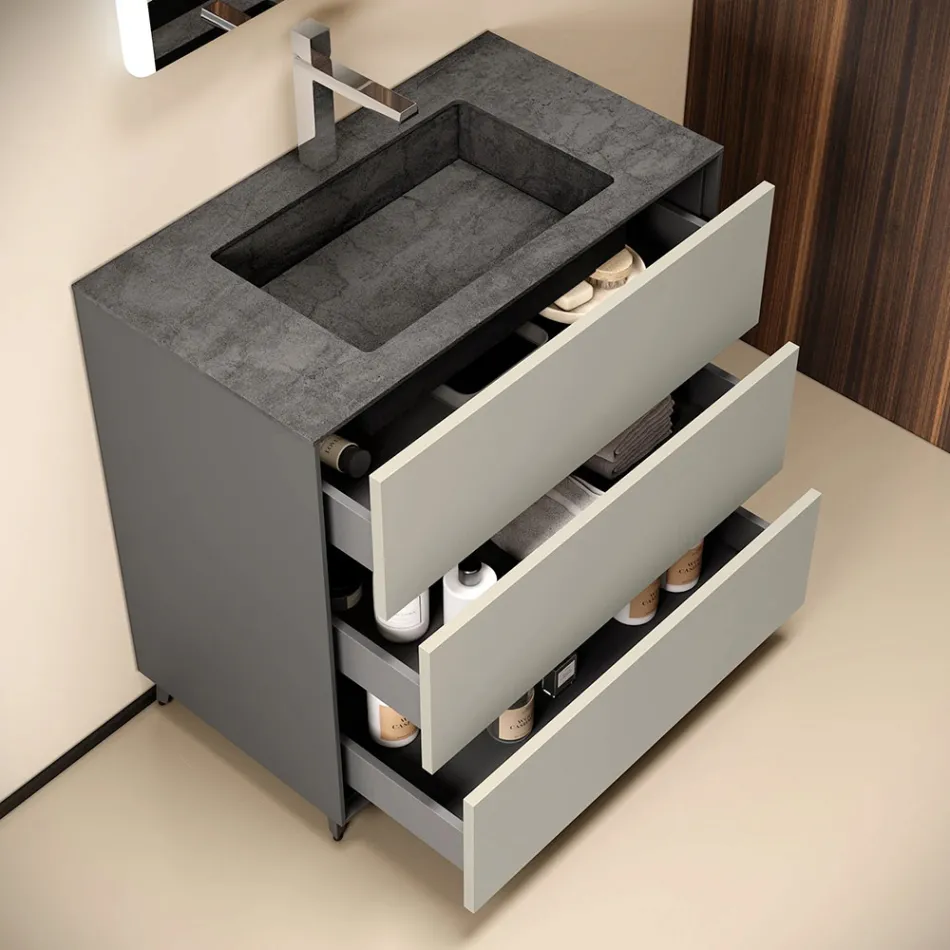 Compoziție de baie cu 3 sertare gri mat, oglindă și chiuvetă - Velaria Viadurini