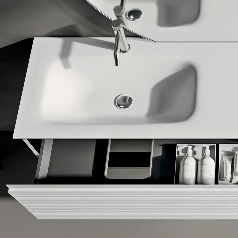 Compoziție de baie cu sertare, chiuvetă ceramică și oglindă cu LED - Elios Viadurini