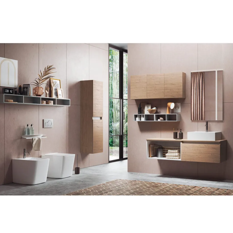 Compozitie Baie cu Oglinda cu Lampa Integrata, Lavoar si Baza - Vis Viadurini