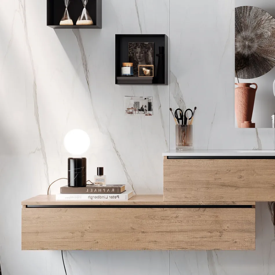 Compozitie de baie cu oglinda, lavoar din rasina si baza Made in Italy - Palom Viadurini