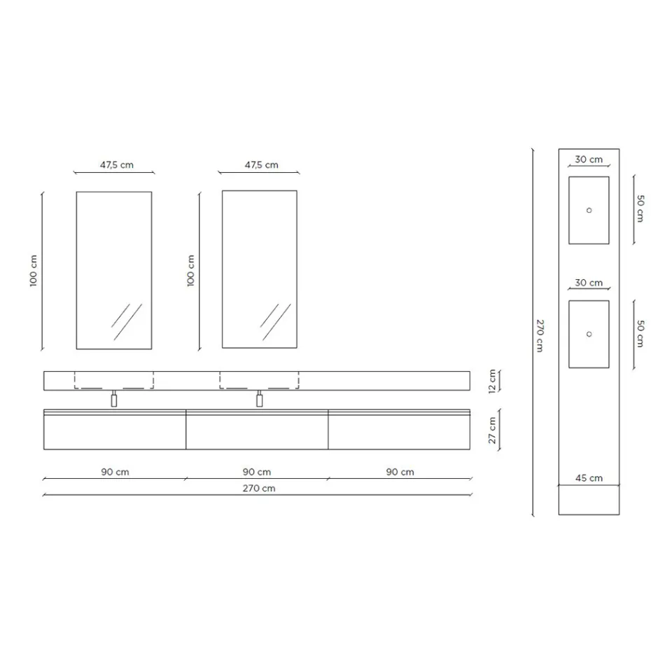 Compozitie baie dubla cu oglinda dreptunghiulara si lavoar Made in Italy - Palom Viadurini