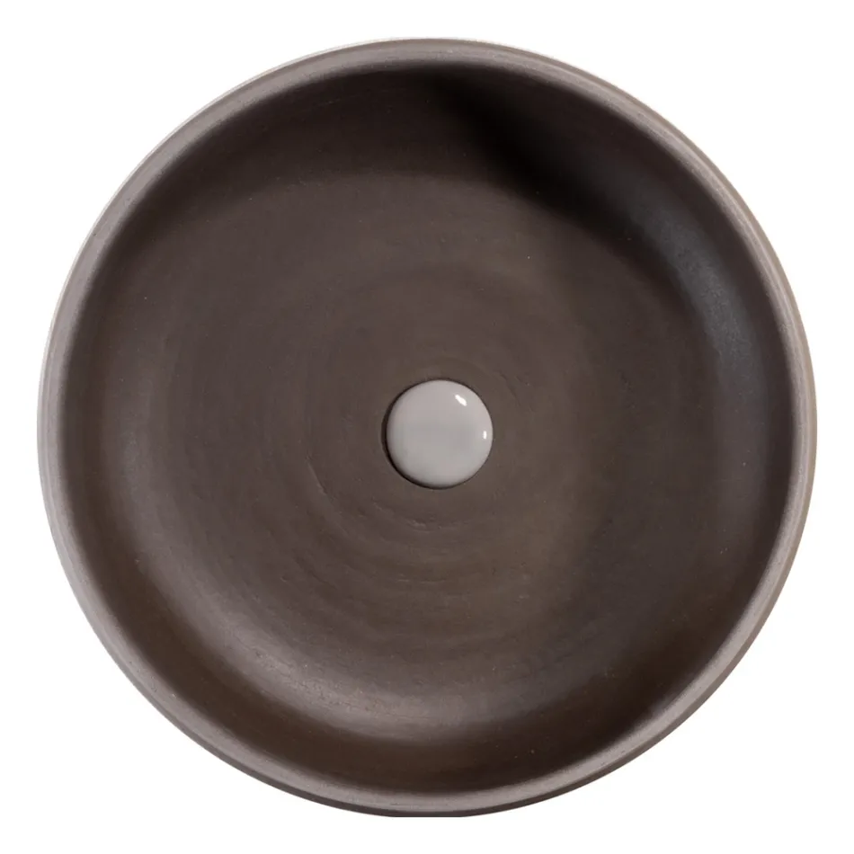 Compoziție de baie gri cu oglindă rotundă și diverse accesorii - Maryse Viadurini