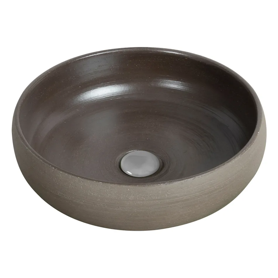 Compoziție de baie gri cu oglindă rotundă și diverse accesorii - Maryse Viadurini