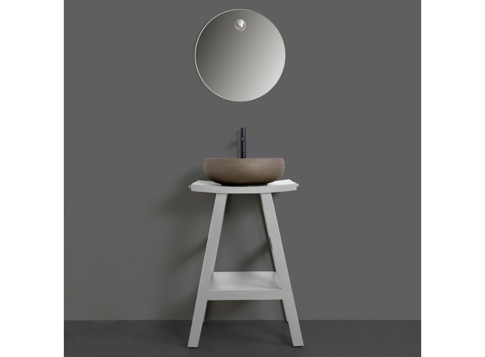 Compoziție de baie gri cu oglindă rotundă și diverse accesorii - Maryse Viadurini