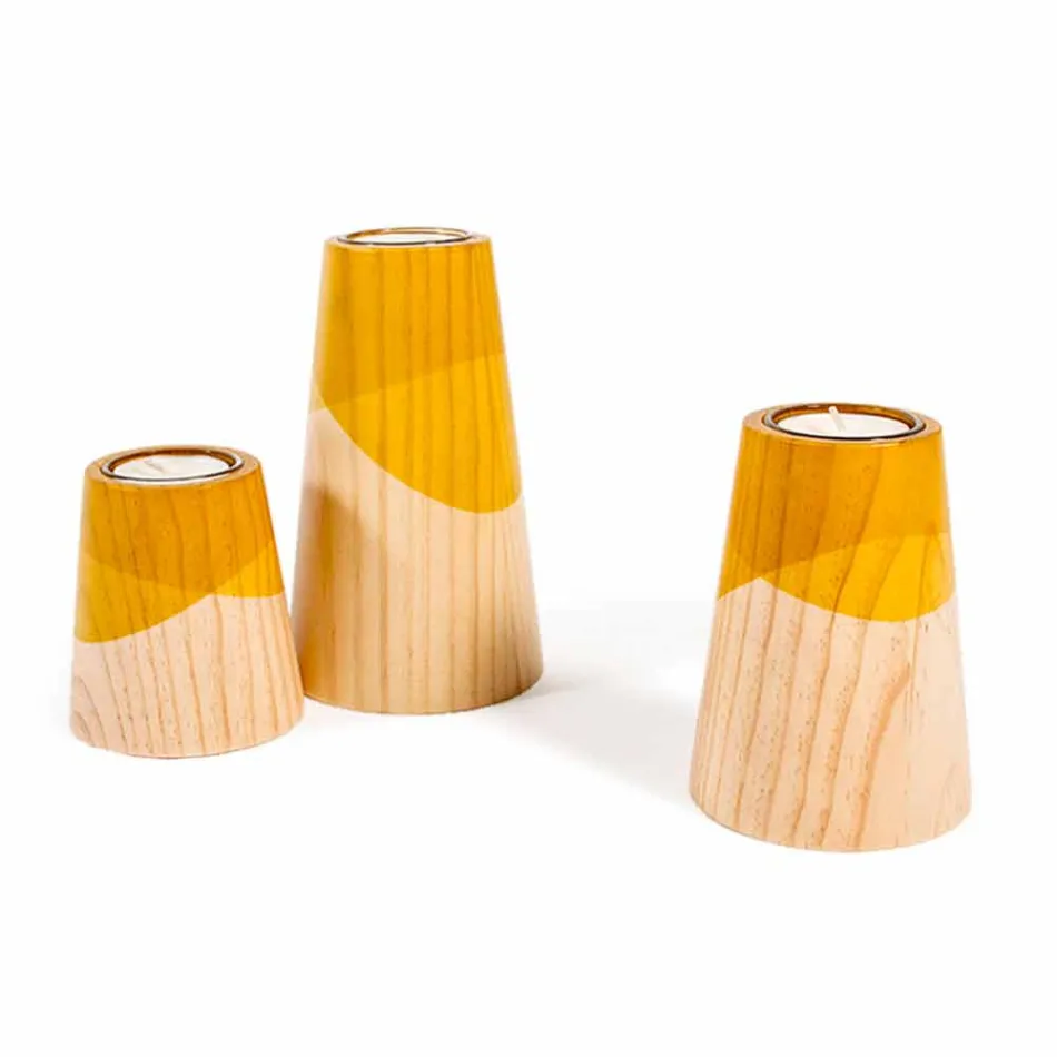 Compoziția a 3 suporturi de lumânări moderne din lemn masiv de pin - alb Viadurini