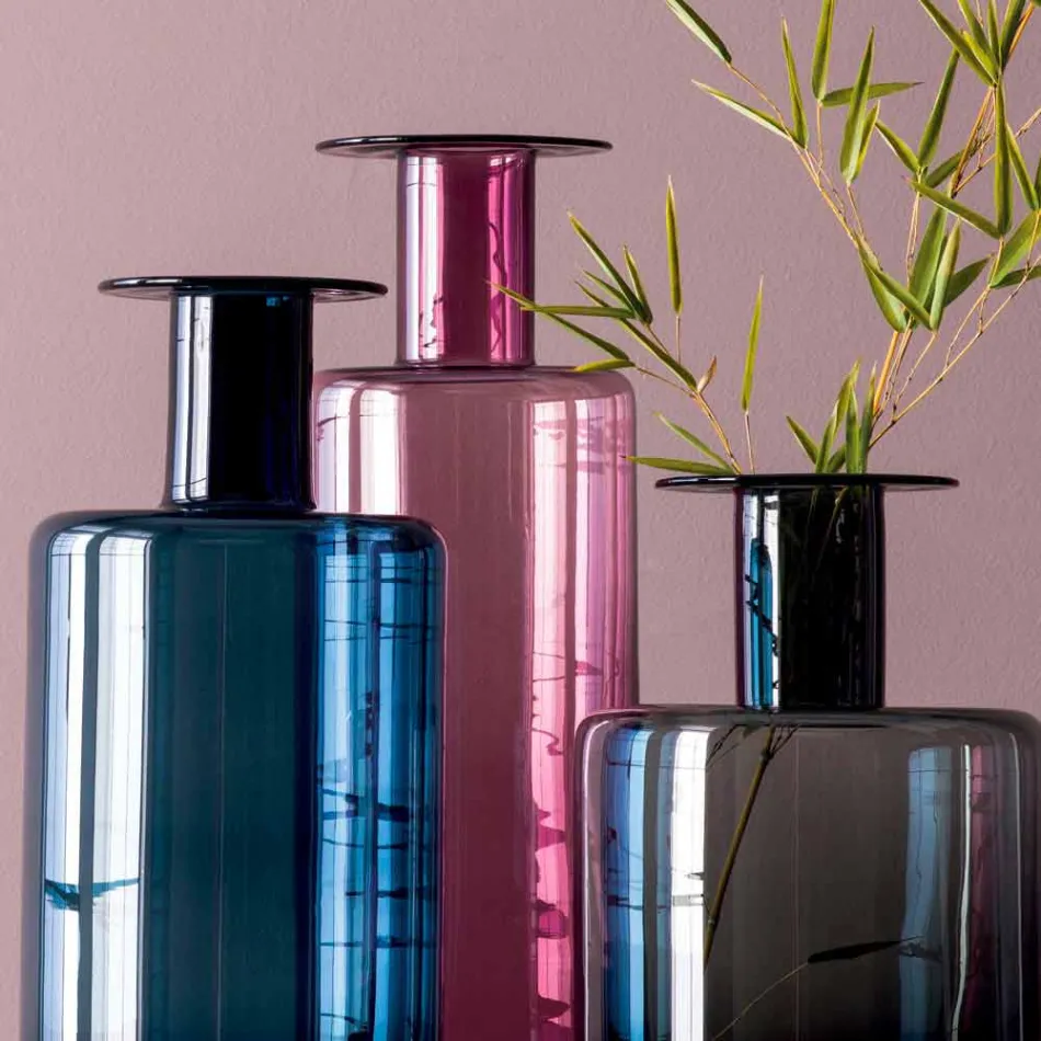 Compoziția a 3 vaze decorative în sticlă afumată, albastră și ametistă - Infinit Viadurini