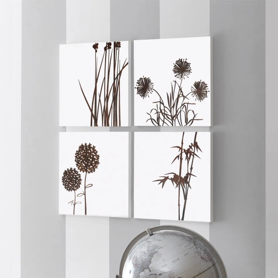 Compozitie 4 Panouri cu Hortensie, Allium si Thypha Made in Italy - Calcul Viadurini