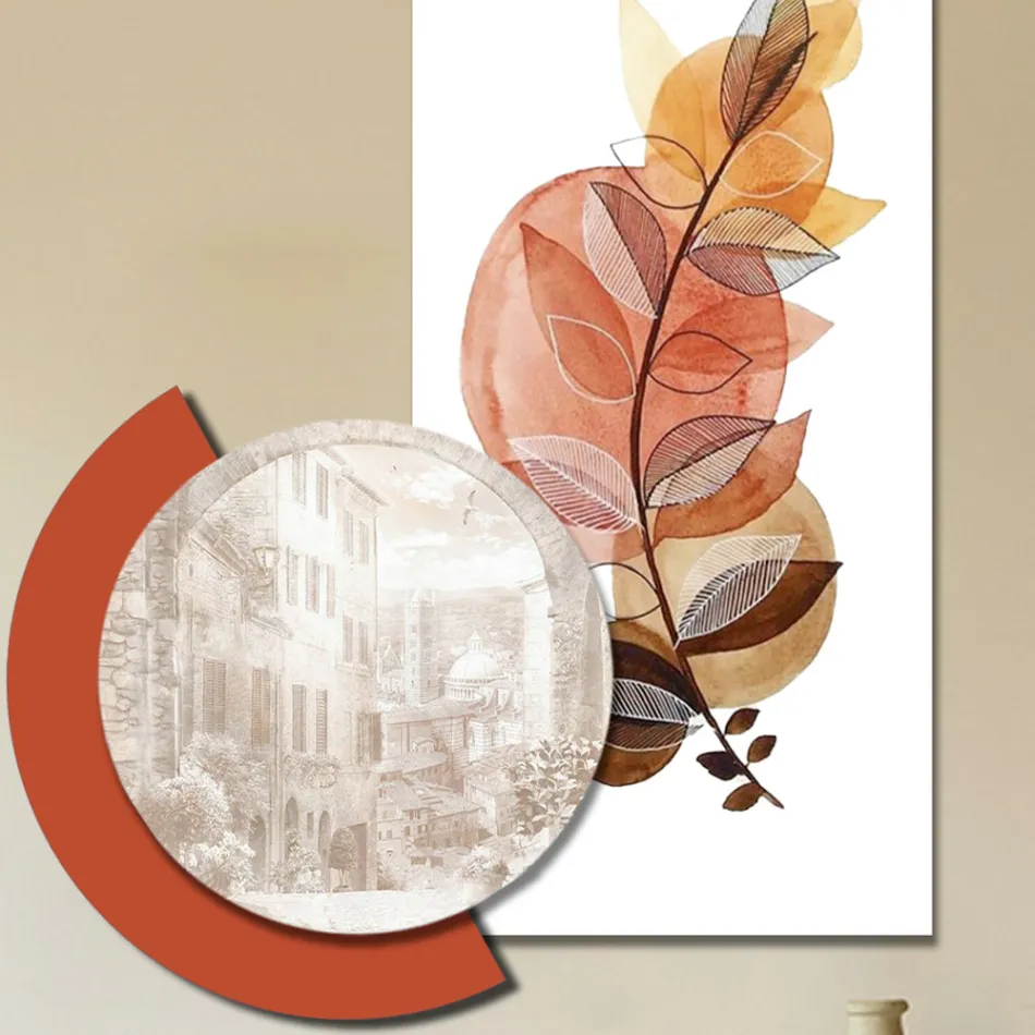 Compoziție de tablouri din lemn cu imprimeuri de orașe și ramuri Made in Italy - Chile Viadurini