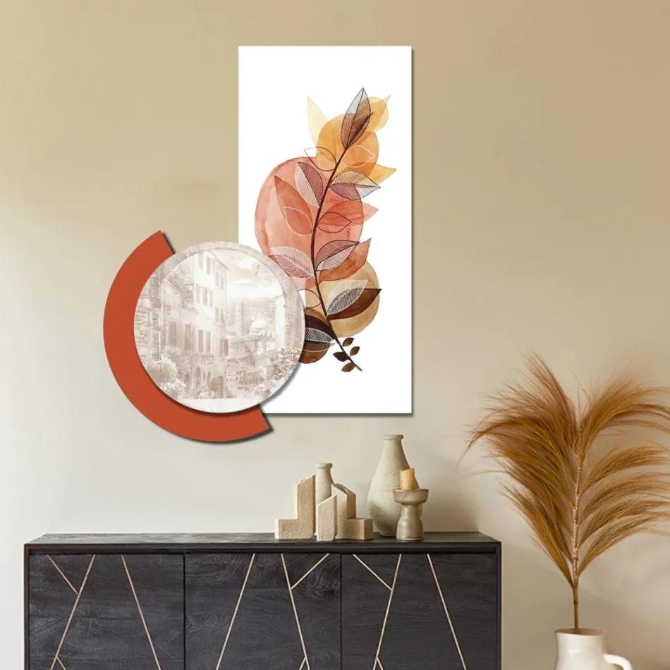 Compoziție de tablouri din lemn cu imprimeuri de orașe și ramuri Made in Italy - Chile Viadurini