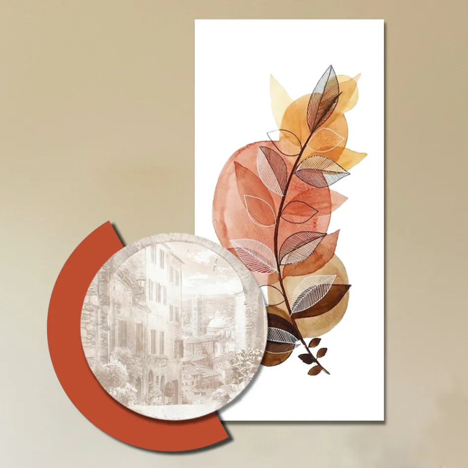 Compoziție de tablouri din lemn cu imprimeuri de orașe și ramuri Made in Italy - Chile Viadurini