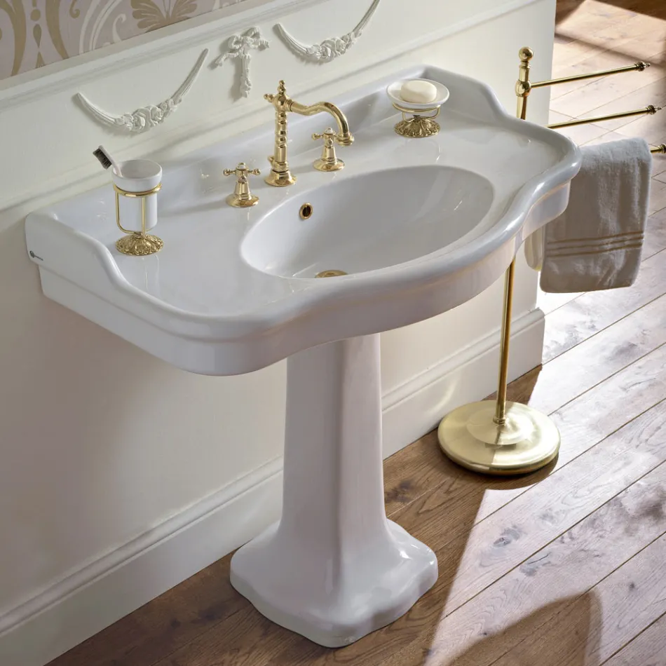 Consolă de baie vintage din ceramică pe coloană, fabricată în Italia - Paulina Viadurini