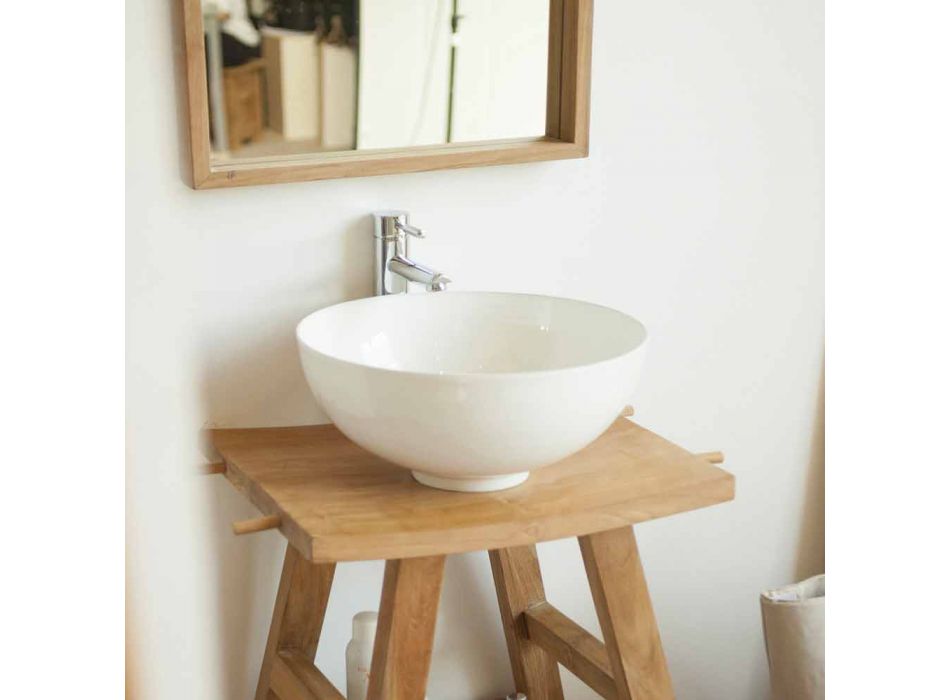Consolă de baie modernă din lemn de tec natural cu cârlige laterale - Zacary Viadurini