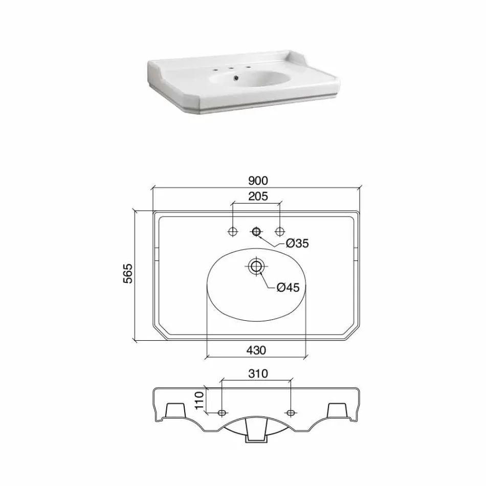 Consola de baie vintage de 90 cm, din ceramică albă, cu picioare făcute în Italia - Nausica Viadurini