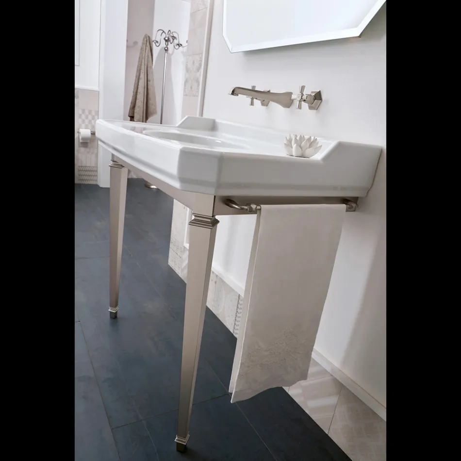 Consola de baie vintage de 90 cm, din ceramică albă, cu picioare făcute în Italia - Nausica Viadurini
