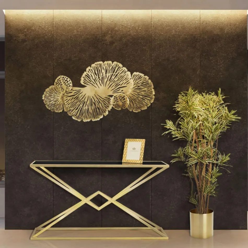 Consolă cu structură din metal auriu și blat din sticlă neagră - Eritreea Viadurini