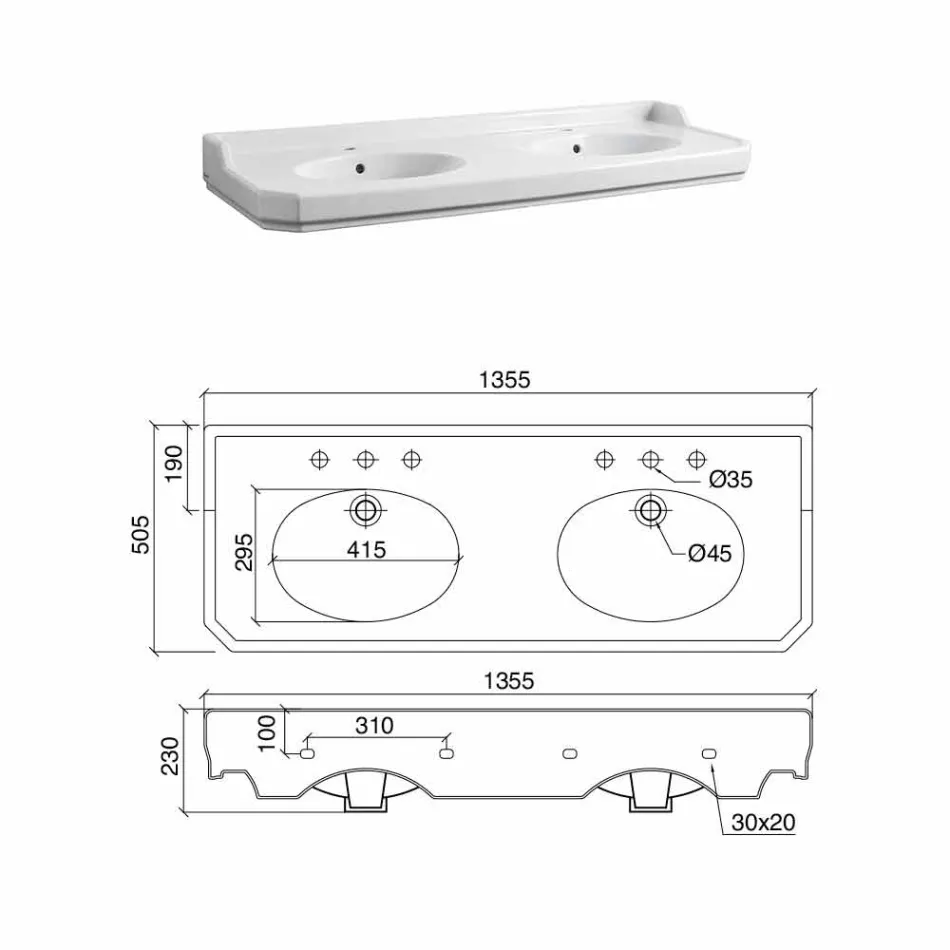 Consola de baie L 135 cm cu bol dublu din ceramică Made in Italy - Nausica Viadurini