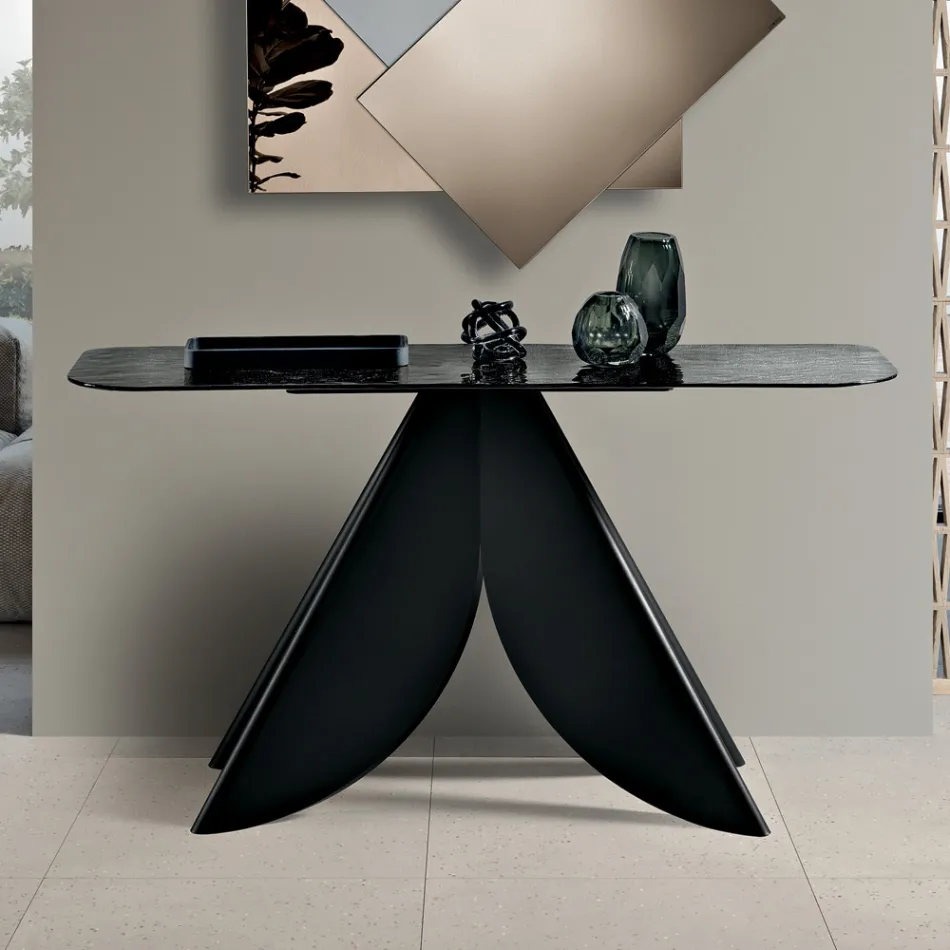 Masă consolă pentru living din metal cu blat din sticlă argintie ciocănită - Cristina Viadurini