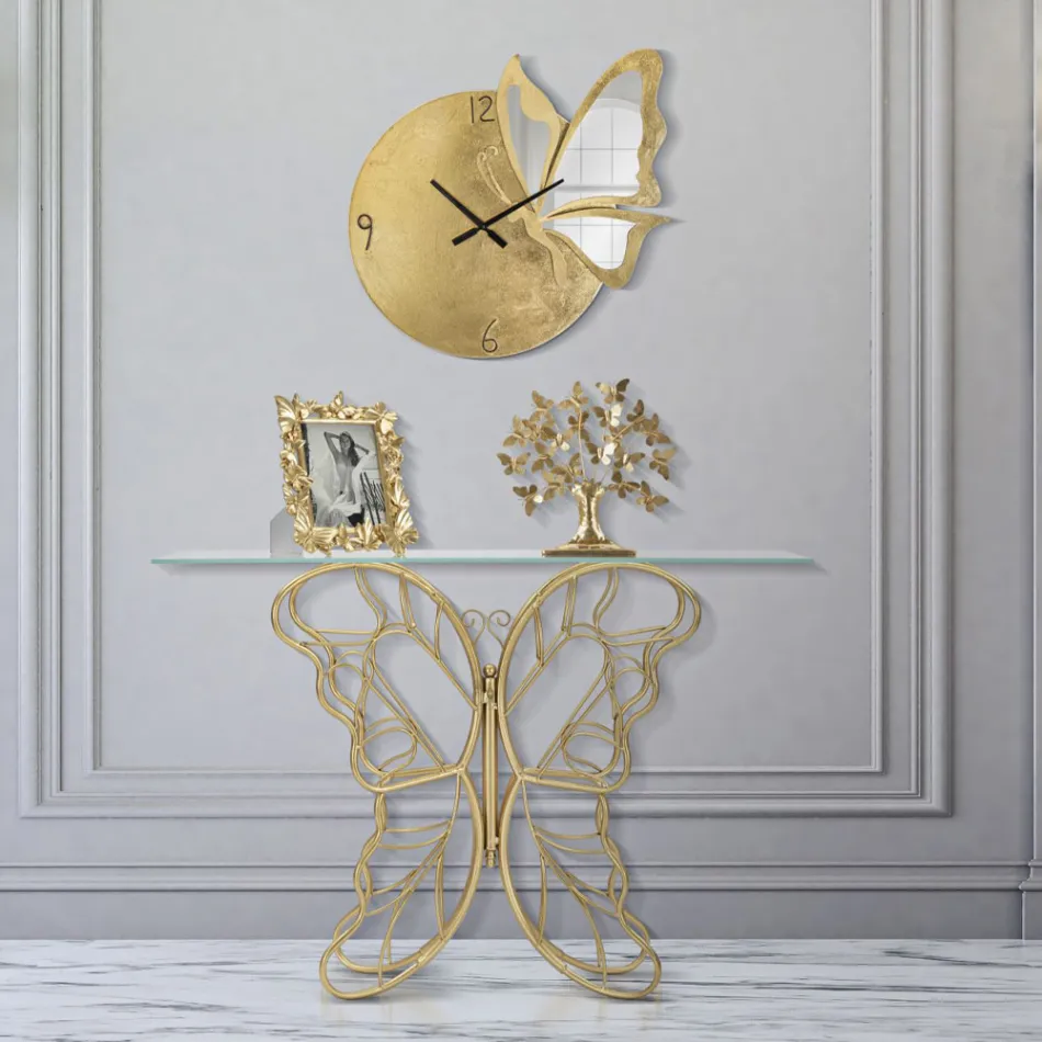 Consolă din fier finit auriu cu blat din sticlă transparentă - Farella Viadurini